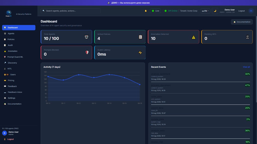 AegisAI Dashboard preview